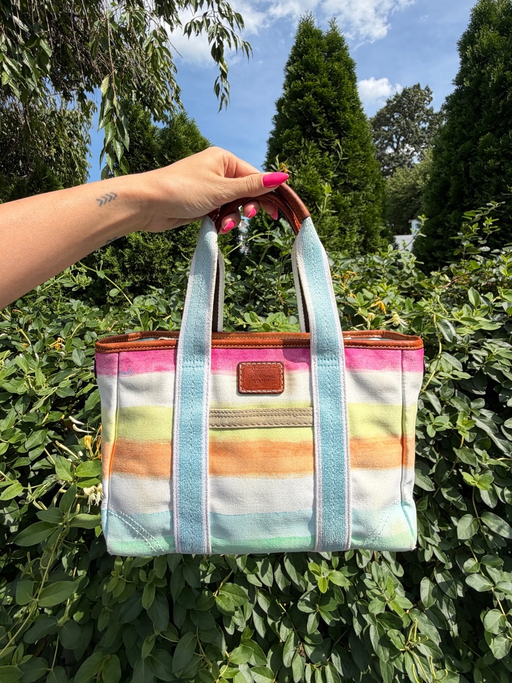 Vintage Y2K Coach Colorful Stripe Watercolor Print Satchel Shoulder Bag